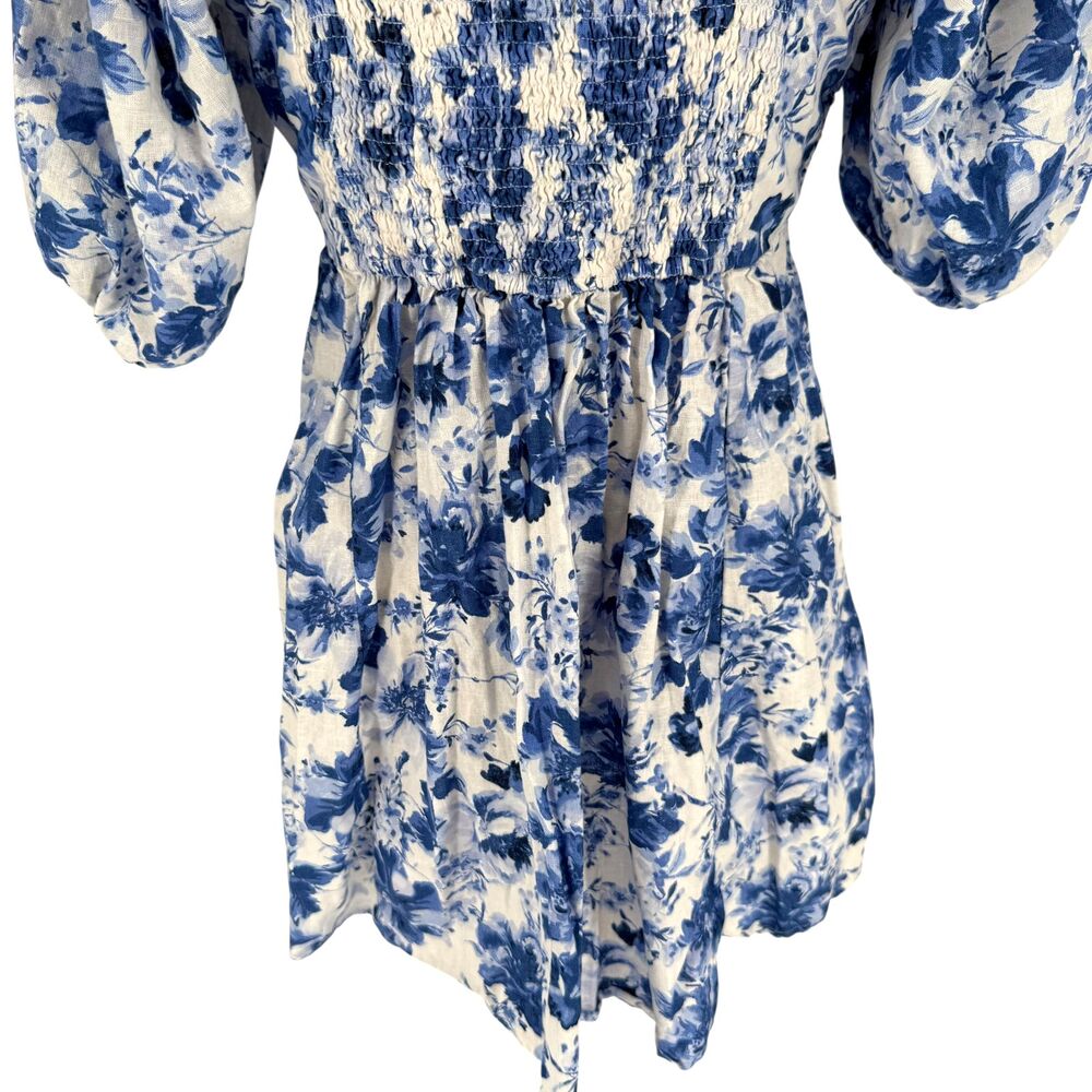 Abercrombie Emerson Mini Dress LP Petite Blue Floral Puff Sleeve Linen Pockets - Picture 11 of 13